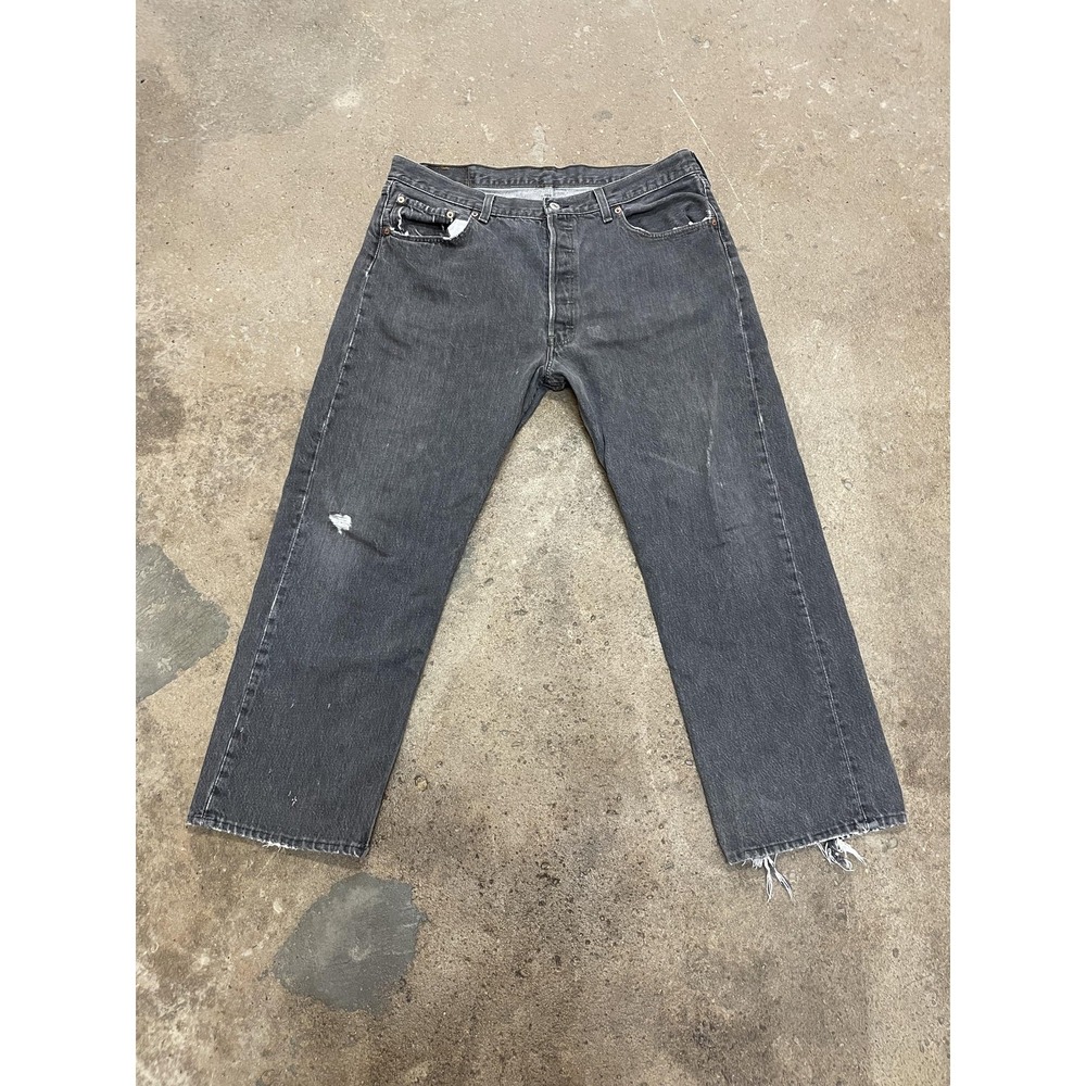 Levis 501 Jeans Mens 38x30 Gray Charcoal Straight Button Fly Frayed Hems